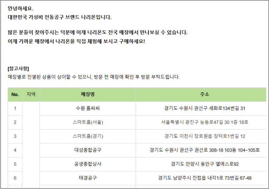 나리온 서울 매장 및 고객센터 전화번호 안내 나리온 전 지역 대리점