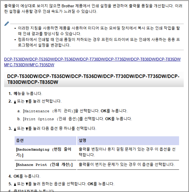 브라더 DCP-T730DW 인쇄 및 복사 이상 조치방법 안내