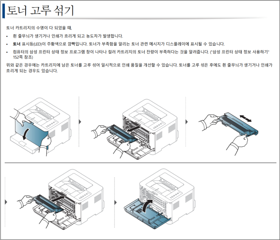 삼성 SL-C433 인쇄가 흐리게 나와요. 발생 원인 및 조치방법 안내 1. 토너 부족 또는 토너 쏠림 현상