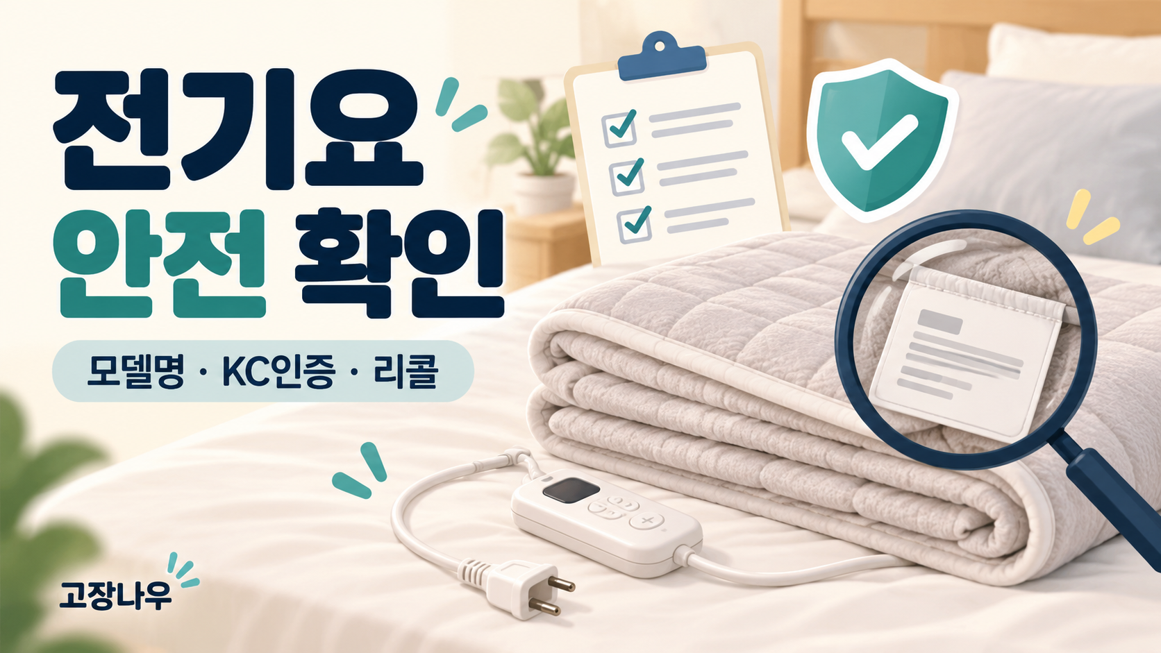 전기요 본체와 조절기의 모델명, KC인증과 리콜 정보를 확인하는 설명용 일러스트