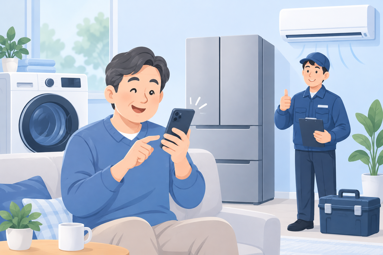 고장나우 | 서비스센터·제품안전·소모품 찾기 휴대폰으로 가전제품 수리 정보를 찾는 중년 이용자와 전문 수리기사의 일러스트